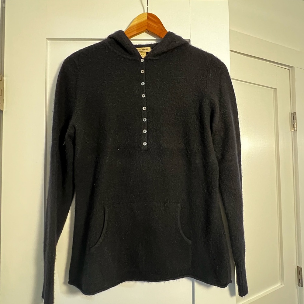 100% Cashmere Black Hooded Sweater with Button Detail